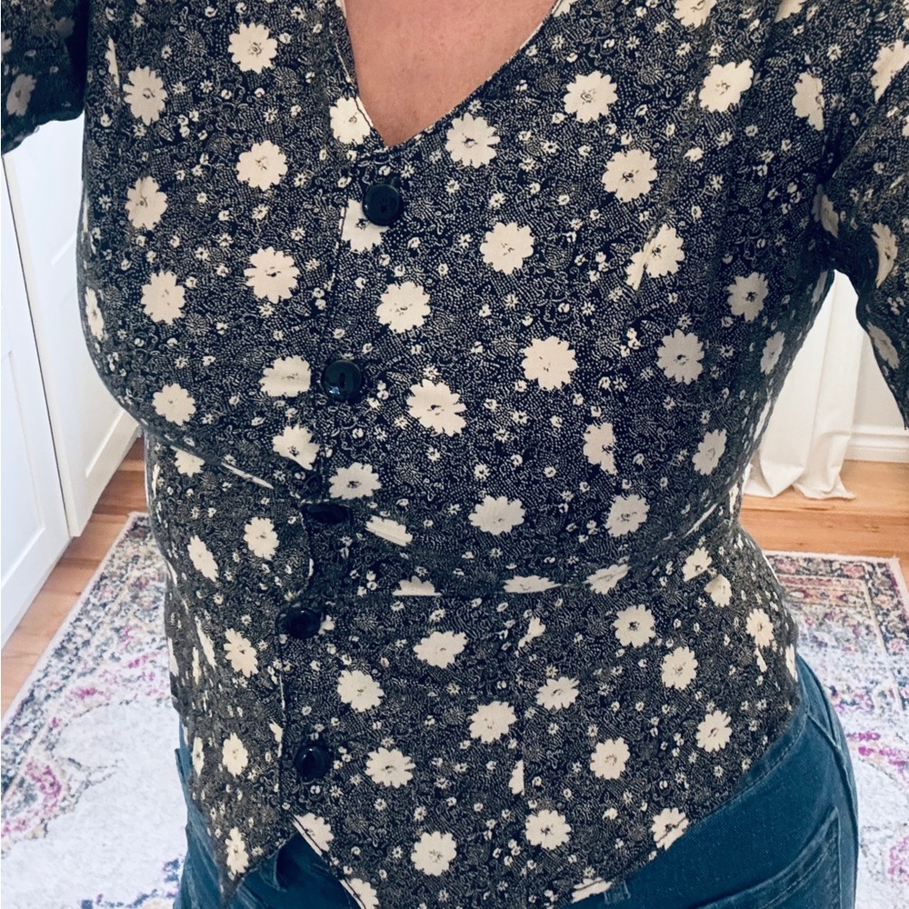 Vintage Floral Button Front Top V-Neck Short Sleeve Y2K Grunge Fairy